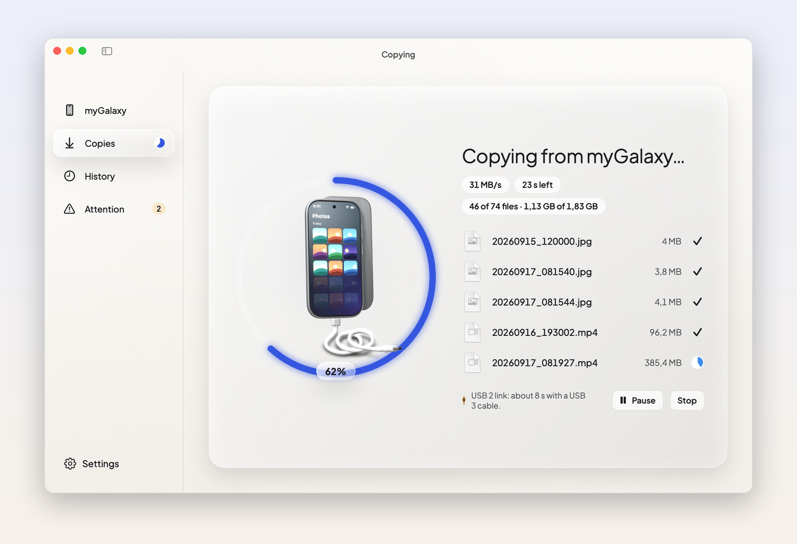 Copying 74 photos from myGalaxy at 31 MB/s, 23 seconds left