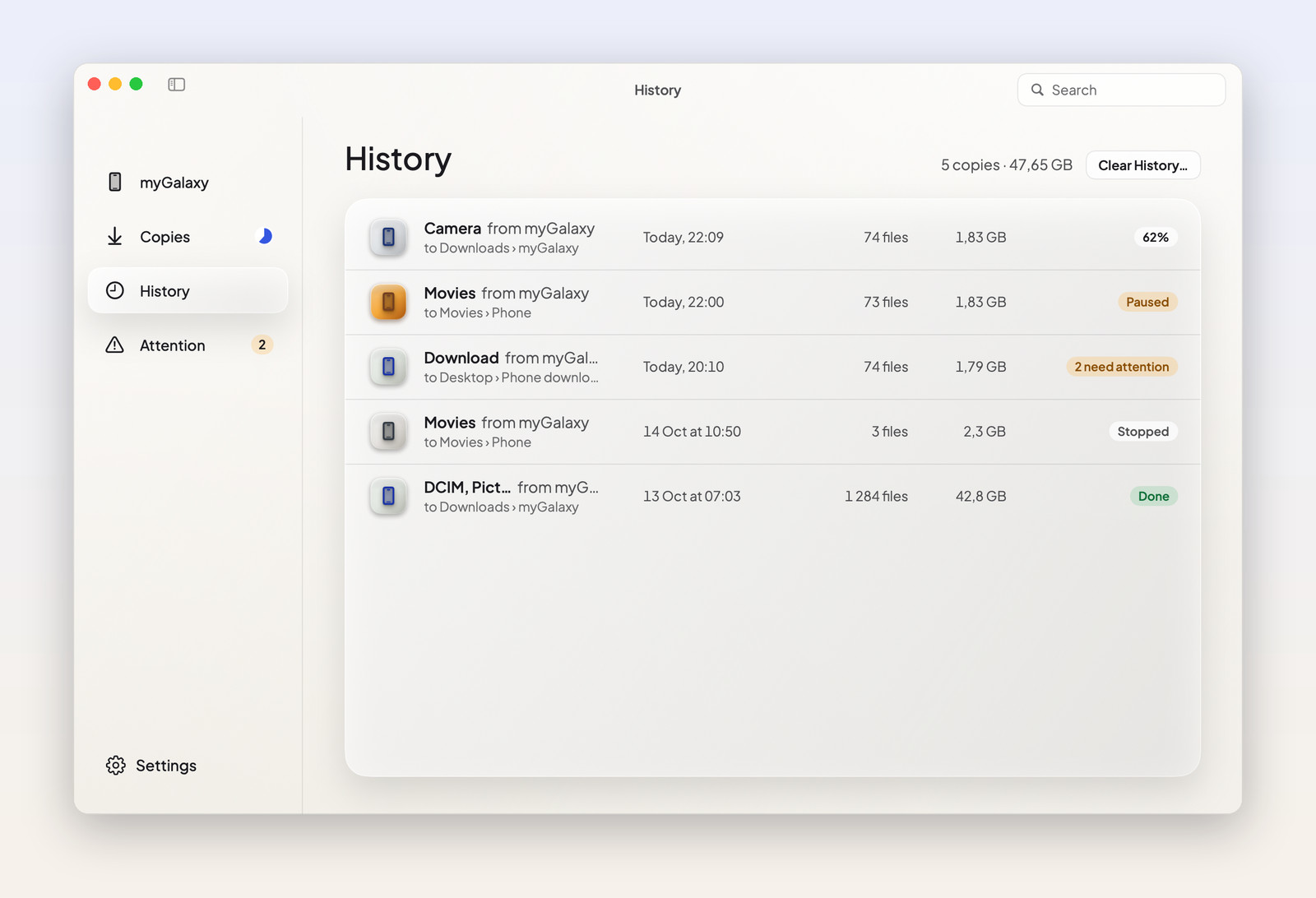 History of past copies with their sizes and status