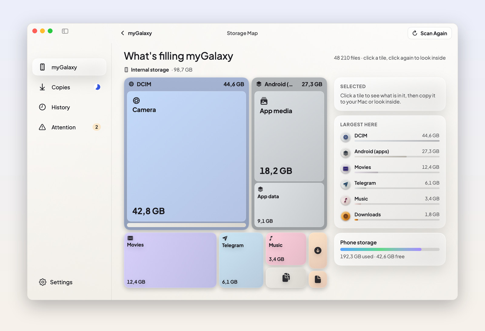 Storage map of the phone: DCIM 44.6 GB, Android apps 27.3 GB, Movies, Telegram and more
